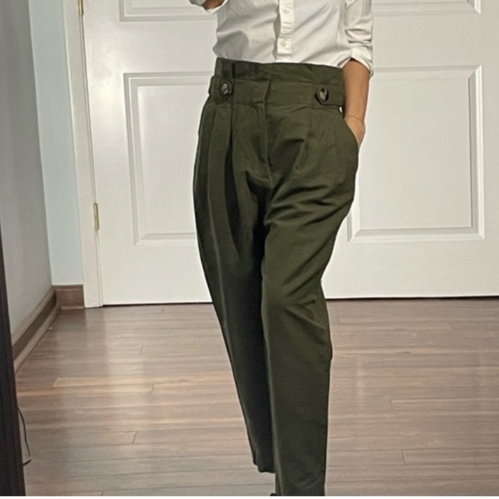 Zara Paperbag tapered high rise linen pant in green